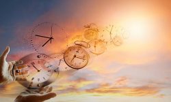 Hands and clocks in sky