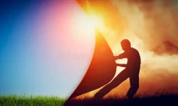 man-pulling-curtain-darkness-to-reveal-new-better-world-change-conceptual-two-worlds-hell-paradise-58884268